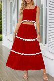 Casual Patchwork Ripple Frenulum Contrast Square Collar Sleeveless Two Pieces