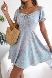 Sweet Print Flowers Frenulum Square Collar A Line Dresses