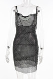 Sexy Party Solid Mesh Hot Drill V Neck Sling Dresses