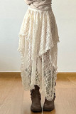 Elegant Solid Lace Asymmetrical High Waist Solid Color Bottoms