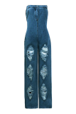 Sexy Street Solid Ripped Strapless Regular Jumpsuits