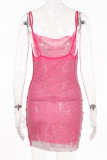 Sexy Party Solid Mesh Hot Drill V Neck Sling Dresses