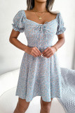 Sweet Print Flowers Frenulum Square Collar A Line Dresses