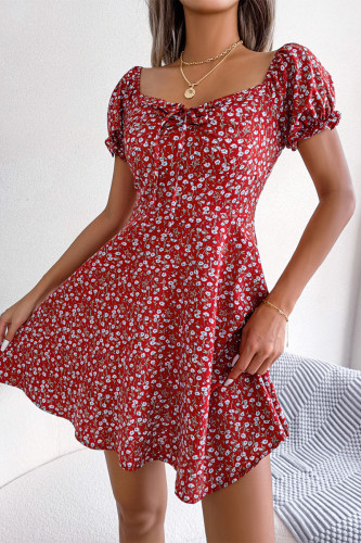 Sweet Print Flowers Frenulum Square Collar A Line Dresses
