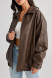 Casual Solid Pocket Zipper Turndown Collar Outerwear