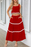 Casual Patchwork Ripple Frenulum Contrast Square Collar Sleeveless Two Pieces