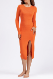 Casual Simplicity Solid Slit O Neck Long Sleeve Dresses