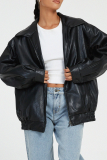 Casual Solid Pocket Zipper Turndown Collar Outerwear