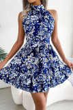 Sweet Elegant Print Flowers Frenulum Flounce Half A Turtleneck Sleeveless Dresses