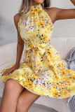 Sweet Elegant Print Flowers Frenulum Flounce Half A Turtleneck Sleeveless Dresses