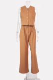 Casual British Style Solid Buckle V Neck Sleeveless Two Pieces