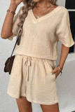 Casual Simplicity Solid Draw String Pocket V Neck Short Sleeve Two Pieces