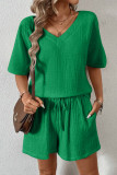 Casual Simplicity Solid Draw String Pocket V Neck Short Sleeve Two Pieces