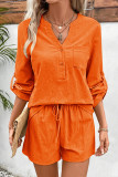 Casual Simplicity Solid Pocket Buttons V Neck Long Sleeve Two Pieces
