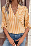 Casual Striped Pocket V Neck Tops