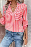 Casual Striped Pocket V Neck Tops