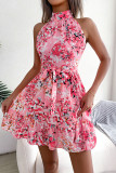 Sweet Elegant Print Flowers Frenulum Flounce Half A Turtleneck Sleeveless Dresses