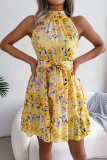 Sweet Elegant Print Flowers Frenulum Flounce Half A Turtleneck Sleeveless Dresses