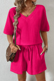 Casual Simplicity Solid Draw String Pocket V Neck Short Sleeve Two Pieces