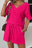 Casual Simplicity Solid Draw String Pocket V Neck Short Sleeve Two Pieces