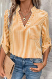 Casual Striped Pocket V Neck Tops