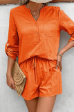 Casual Simplicity Solid Pocket Buttons V Neck Long Sleeve Two Pieces