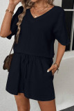 Casual Simplicity Solid Draw String Pocket V Neck Short Sleeve Two Pieces