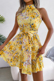 Sweet Elegant Print Flowers Frenulum Flounce Half A Turtleneck Sleeveless Dresses