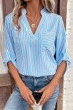 Casual Striped Pocket V Neck Tops
