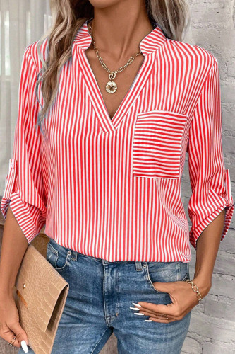 Casual Striped Pocket V Neck Tops