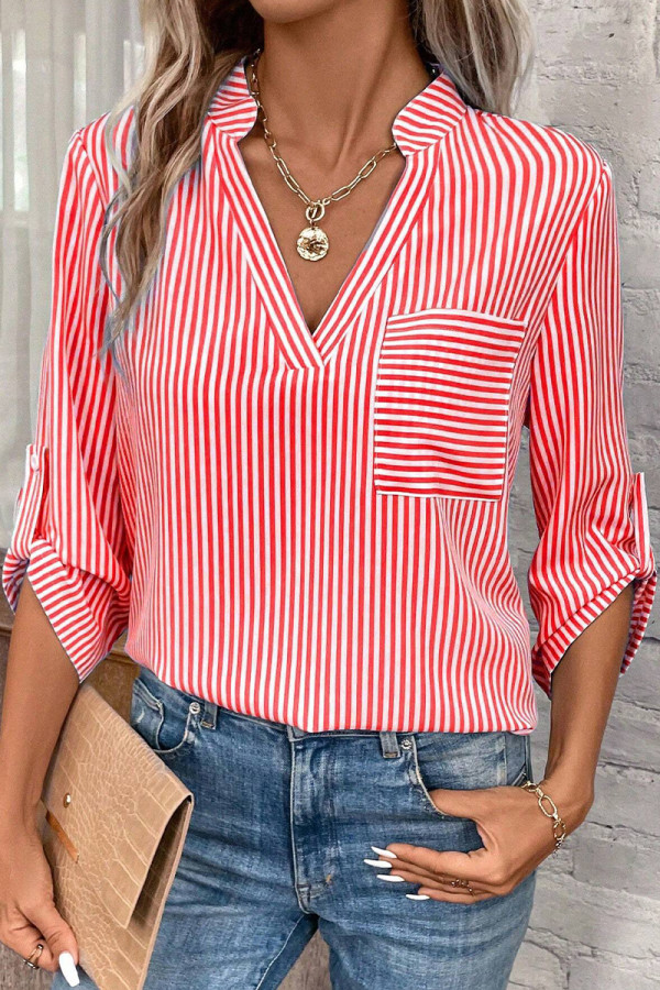 Casual Striped Pocket V Neck Tops