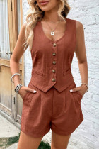 Casual British Style Solid Pocket Buckle U Neck Sleeveless Two Pieces