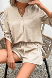 Casual Simplicity Solid Pocket Buttons V Neck Long Sleeve Two Pieces