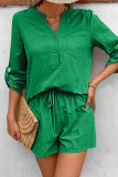 Casual Simplicity Solid Pocket Buttons V Neck Long Sleeve Two Pieces