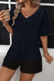 Casual Simplicity Solid Draw String Pocket V Neck Short Sleeve Two Pieces