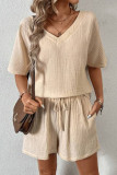 Casual Simplicity Solid Draw String Pocket V Neck Short Sleeve Two Pieces