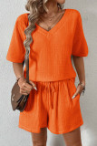 Casual Simplicity Solid Draw String Pocket V Neck Short Sleeve Two Pieces