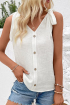 Sexy Vacation Solid Buttons With Bow V Neck Tops