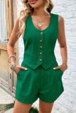 Casual British Style Solid Pocket Buckle U Neck Sleeveless Two Pieces