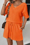 Casual Simplicity Solid Draw String Pocket V Neck Short Sleeve Two Pieces