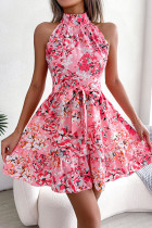 Sweet Elegant Print Flowers Frenulum Flounce Half A Turtleneck Sleeveless Dresses