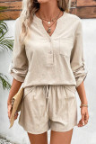 Casual Simplicity Solid Pocket Buttons V Neck Long Sleeve Two Pieces