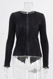 Elegant Solid Frenulum Backless Pleated O Neck Tops