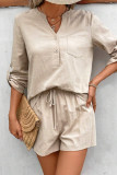 Casual Simplicity Solid Pocket Buttons V Neck Long Sleeve Two Pieces