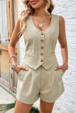 Casual British Style Solid Pocket Buckle U Neck Sleeveless Two Pieces