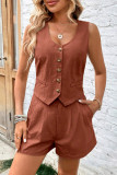 Casual British Style Solid Pocket Buckle U Neck Sleeveless Two Pieces