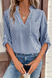 Casual Striped Pocket V Neck Tops