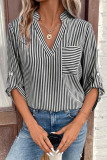 Casual Striped Pocket V Neck Tops