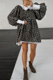 Vintage Elegant Leopard Patchwork Flounce Peter Pan Collar A Line Dresses