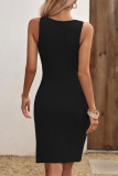 Sexy Solid Draw String Slit U Neck Wrapped Skirt Dresses
